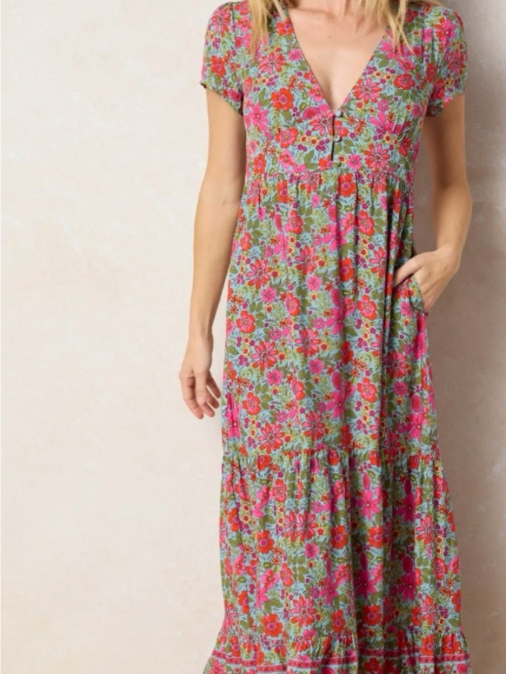 NATURAL LIFE Pink & Green Floral V-Neck Maxi Dress